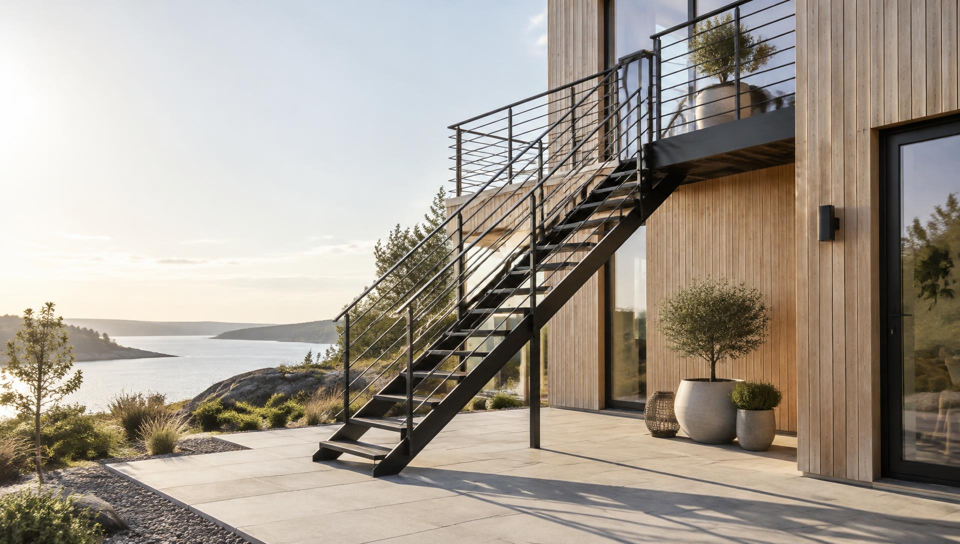 Udvendig ståltrappe ved moderne hus